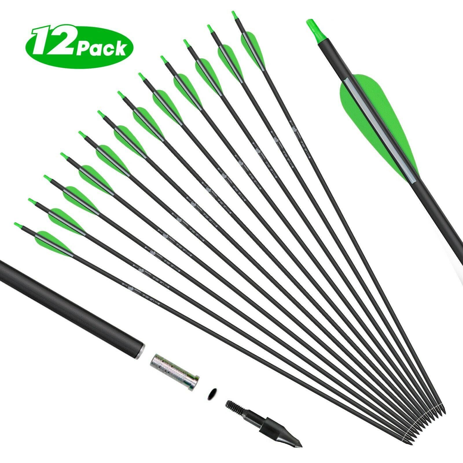 12 Archery Carbon Hunting Target Arrows 30" Spine 500 - Recurve & Compound Bows