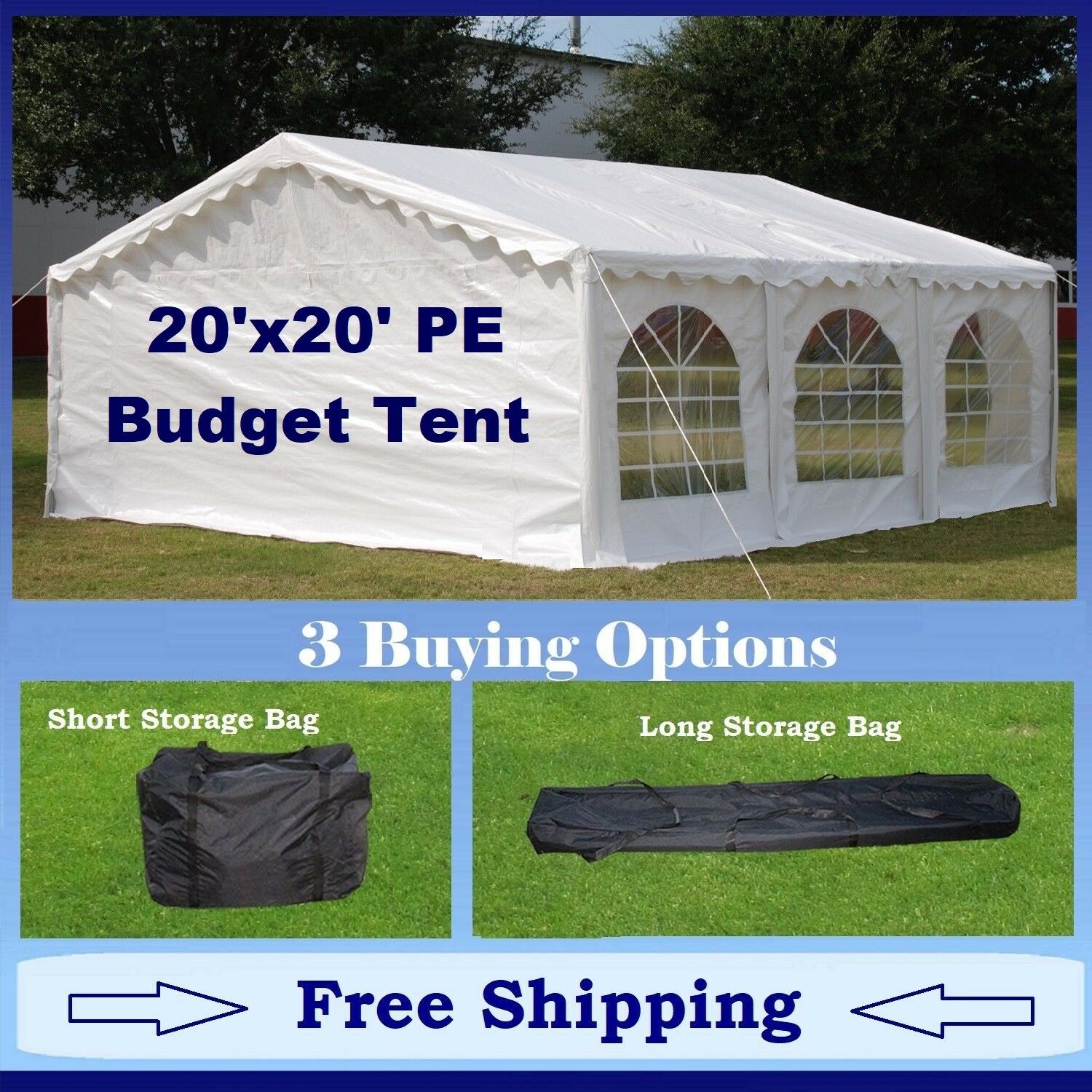 Budget Pe Party Canopy-3 Options -20'x20' Tent,short Bag,and Long Bag- In Stock